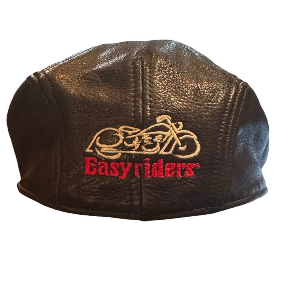 Easyriders Black Leather Flat Cap L/XL Ivy Hat Embroidered Biker Made in USA Vtg